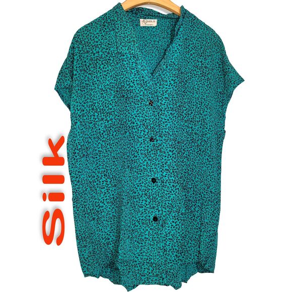 Women's 100% Silk Size L Short Sleeve Top Button-Up Shirt SCM729 - Picture 1 of 4